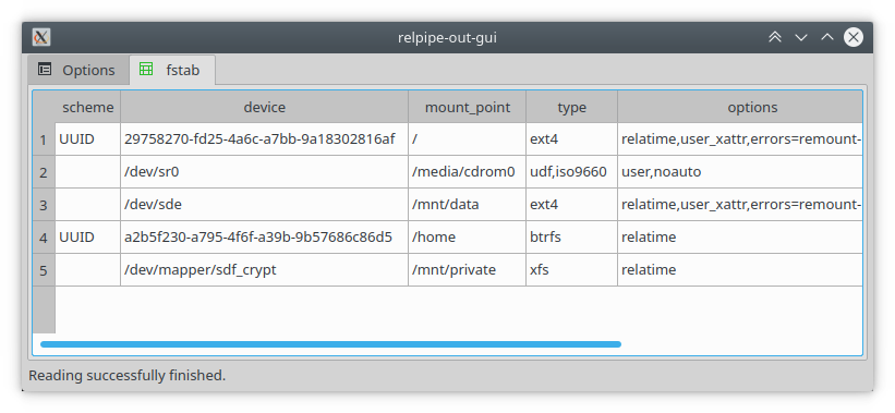 relpipe-in-fstab + relpipe-out-gui (Qt) displaying content of the /etc/fstab; in KDE